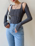 Vsmme Women Striped Stitching Slim T-shirt Female 2 In 1 Shrug Set Co-ord Crop Shrug And Corset Tank Tops Set Y2k Streetwear New