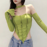 Vsmme Women's Fairycore Y2K Crop Tops Halter Neck Cold Shoulder Silt Long Sleeve Solid Color Slim Triangle Hem Chic T-Shirt