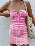 Vsmme Strapless Knit Mini Dresses Women Off-Shoulder Stripe Knitting Bodycon Dress Summer Beach Party Halter Club Streetwear