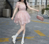Vsmme 2024 Spring and Summer outfitSummer Pink Lolita Mini Dress Women Print Korea Cute Kawaii Party Female Puff Sleeve Beach Casual Elegant Fairy Sweet Dress