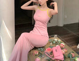 Vsmme Spring Outfit Sleeveless Dress Women Pink Halter Sundress Girl Sweet Sexy Retro Streetwear Harajuku Long Dresses