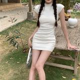 Vsmme Spring Outfit Korean style Dresses Women Solid Summer Slim Fashion Mini Popular Chic High Waist Ladies Temperament Elegant Half  Collar