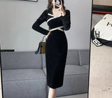 Vsmme Vintage Korean Autumn New Velvet Midi Dresses for Women 2024 Elegant Fashion Square Collar Long Sleeves Black Female Clothing
