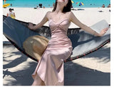 Vsmme Summer Sexy Backless Satin Straps Midi Dresses for Women 2024 Elegant Party Sleeveless Female Clothing Beach Holiday Pink New