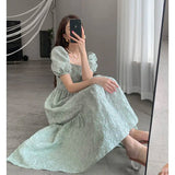 Vsmme Spring Outfit Korea  Jacquard Midi Dress Women Short Puff Sleeves Square Collar Floral Dresses Elegant Dress 20224 Summer
