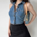 Vsmme Spring Outfit 2024 New Retro Sexy Style Tight-fitting Thin Casual Denim Vest Women's Solid Color Lapel Short Tank Top