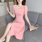 Vsmme Elegant Chic Party Midi Dresses for Women 2024 New Summer Fashion Square Collar Short Sleeves Female Clothes Korean Pink Dresses