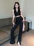 Vsmme Spring Outfit Womens Pants Set Sexy V-neck Vest Crop Top and Bell-bottoms Summer Suit Fashion 2 Piece Set Women Outfits Ensemble Femme New