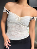 Vsmme Women's Y2K Vintage Floral Lace Summer Crop Tops Slim Fit Off Shoulder Front Ruched 3D Bow See Through Short T-Shirts