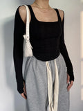 Vsmme Women Striped Stitching Slim T-shirt Female 2 In 1 Shrug Set Co-ord Crop Shrug And Corset Tank Tops Set Y2k Streetwear New