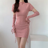 Vsmme Spring Outfit Spice Girl Lace Up Knitted Dress Women's Spring Autumn New Birthday Party Sexy Bodycon Mini Dresses Slim Club Streetwear