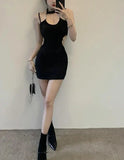 Vsmme Spring Outfit Summer Black Hollowed Out Elegant Chain Sexy Halter Mini Dress For Women Off-shoulder Backless Bodycon Club Party Wrap Hip Dress