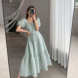 Vsmme Spring Outfit Korea  Jacquard Midi Dress Women Short Puff Sleeves Square Collar Floral Dresses Elegant Dress 20224 Summer