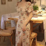 Vsmme Spring Outfit 1pc France Style Slim Fit Dress Summer High Slit Puff Sleeve Sweet Dress Women Fashion Square Neck Print Rose Floral Long Dress