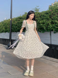 Vsmme Spring Outfit Floral Print Mini Dress Women High Waist Slim Dress Female Summer Puff Sleeve A-line Holiday Party Dress Ball Gown Fashion