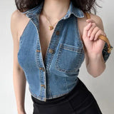 Vsmme Spring Outfit 2024 New Retro Sexy Style Tight-fitting Thin Casual Denim Vest Women's Solid Color Lapel Short Tank Top