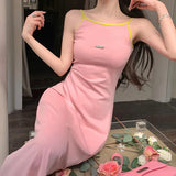 Vsmme Spring Outfit Sleeveless Dress Women Pink Halter Sundress Girl Sweet Sexy Retro Streetwear Harajuku Long Dresses