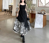Vsmme Spring Outfit Black Suspender Dress for Women Summer Slim Waist Retro Long French Ruffle Hem Dress Evening Party Sundress M-4XL