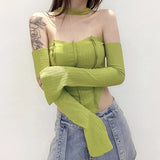 Vsmme Women's Fairycore Y2K Crop Tops Halter Neck Cold Shoulder Silt Long Sleeve Solid Color Slim Triangle Hem Chic T-Shirt