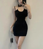 Vsmme Spring Outfit Summer Black Hollowed Out Elegant Chain Sexy Halter Mini Dress For Women Off-shoulder Backless Bodycon Club Party Wrap Hip Dress