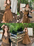Vsmme Spring Outfit Korean style Ethnic Irgular Spaghettic Strap Fairy Boho Hippie Dress Women Tassel Mesh Stitching Spice Summer Beach Slim Dress