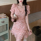 Vsmme Spring Outfit 1pc Sweet Fragment Floral Dress Shirr Sweet Ruffle Dress Puff Sleeve Girls Summer Short Dress Fashion Sexy Slim Mini Lace Dress