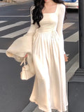 Vsmme Elegant Chic Square Neck Long Sleeve Midi Dresses for Women 2024 Spring Autumn Fashion Casual A-Line Party Prom Female Clothing
