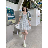 Vsmme Spring Outfit Floral Print Mini Dress Women High Waist Slim Dress Female Summer Puff Sleeve A-line Holiday Party Dress Ball Gown Fashion